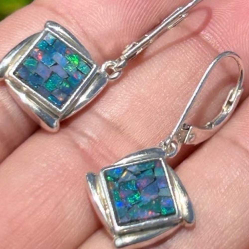 Vintage sterling silver Whitney Kelly Opal Mosaic square drop earrings - Picture 3 of 13